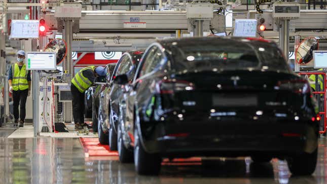 A photo of Tesla cars being assembled. 