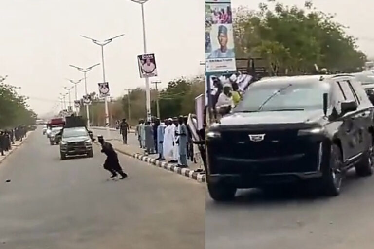 Moment A Vehicle In Tinubu’s Motorcade Nearly Hit A Man After Risking Life To Cross The Busy Road