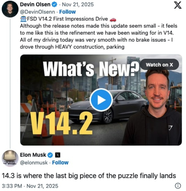 Tesla FSD 14.2 is Great and FSD 14.3 Will Complete Readiness for Unsupervised Robotaxi
