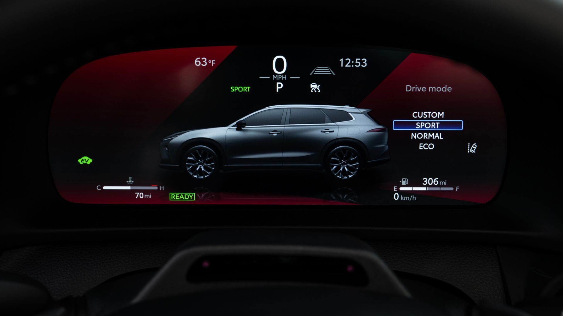 Close-up shot of the digital gauge cluster in the 2025 Toyota Crown Signia Limited showing the different driving modes.