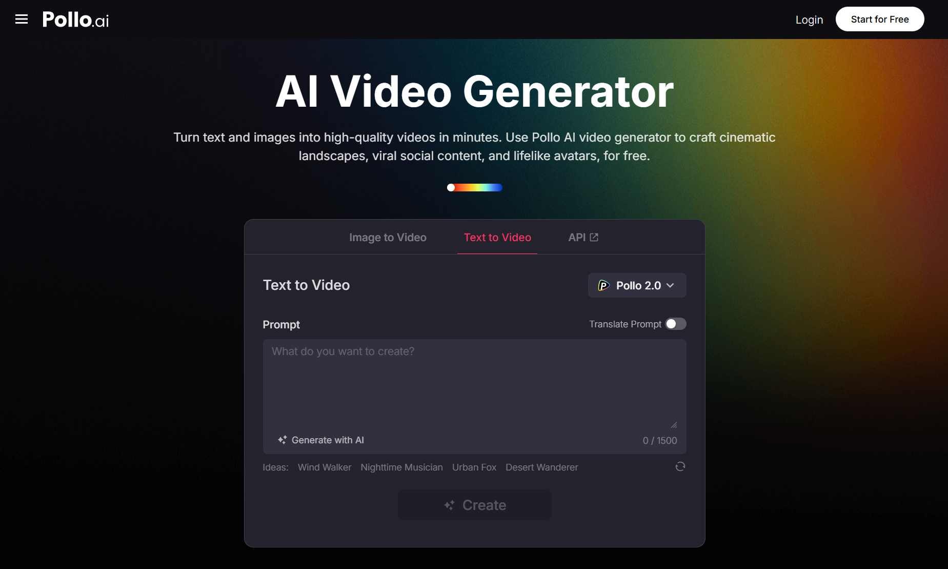 The Pollo AI text to video generator page.