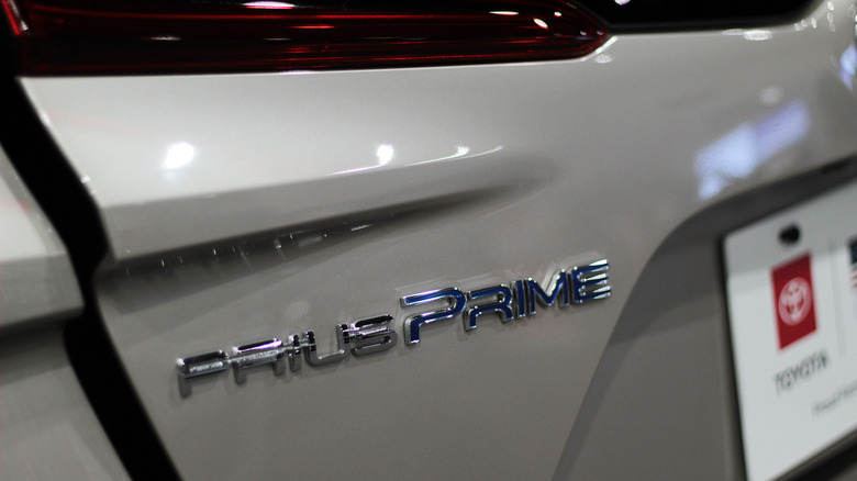 Closeup on the 'Prius Prime' logo