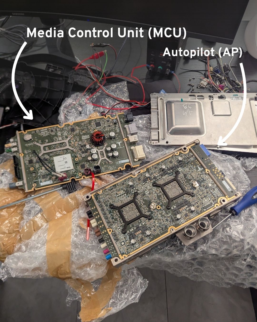 The MCU and autopilot computer boards separated, showing the two distinct PCBs